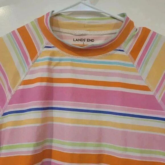 𝅺Lands' End Girl's Multicolor Striped Swim Rashguard Short Sleeves - Picture 6 of 9
